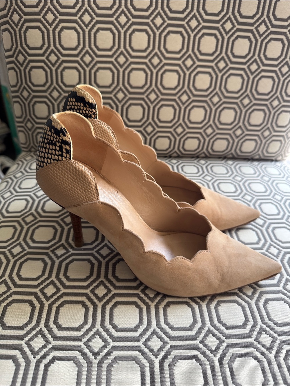 Chloe Scalloped Nude Pointed-Toe Pumps with Snakeskin Heel Accent